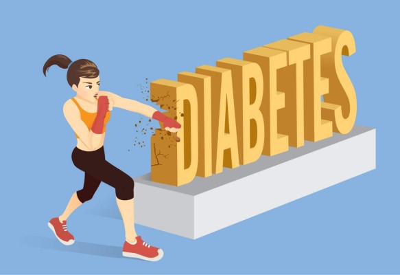 Healthy woman breaking the word Diabetes with punching. Conceptual illustration about workout for protection disease.