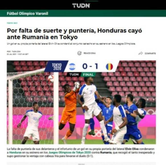 TUDN de México - “Por falta de suerte y puntería, Honduras cayó ante Rumania en Tokyo”.