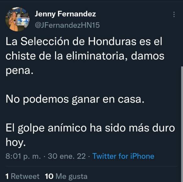 Jenny Fernández: La periodista de Diario Diez señaló que Honduras es el chiste de la eliminatoria.