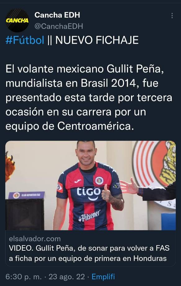 Medios salvadoreños no se quedaron atrás y también informaron sobre el fichaje del “Gullit” Peña al Vida. El mexicano es recordado por haber un título de Liga con el FAS.