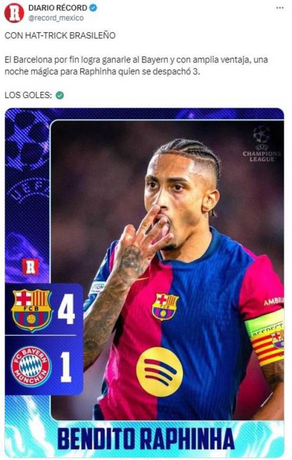 “Una noche mágica para Raphinha”, dice Diario Récord de México.