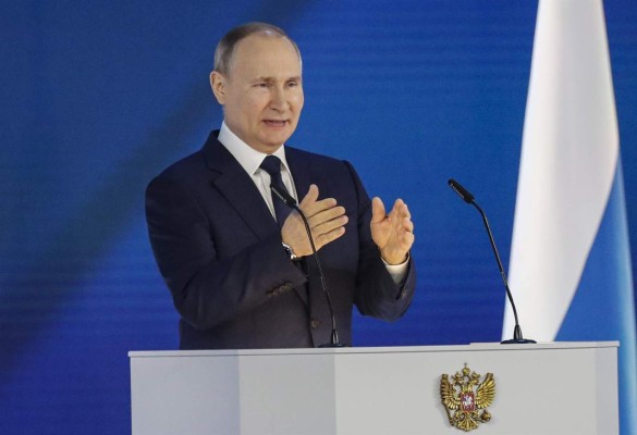 Russian President Vladimir Putin makes a video message to the participants of the Russian Congress on Pediatric Oncology which takes place at the Dmitry Rogachev Medical Center, in Sochi, on May 27, 2021. (Photo by Sergei ILYIN / Sputnik / AFP)