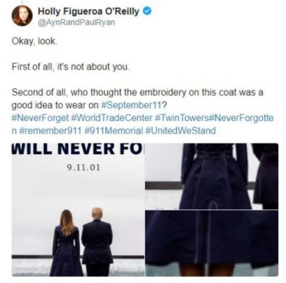 La cantante Holly Figueroa O’Reilly fue una de las primeras que habló del tema en Twitter. 'A ver, mira. En primer lugar, esto no es sobre ustedes. En segundo, ¿quién pensó que era una buena idea lucir un abrigo con este bordado el 11 de septiembre?, escribió levantando más polémica.