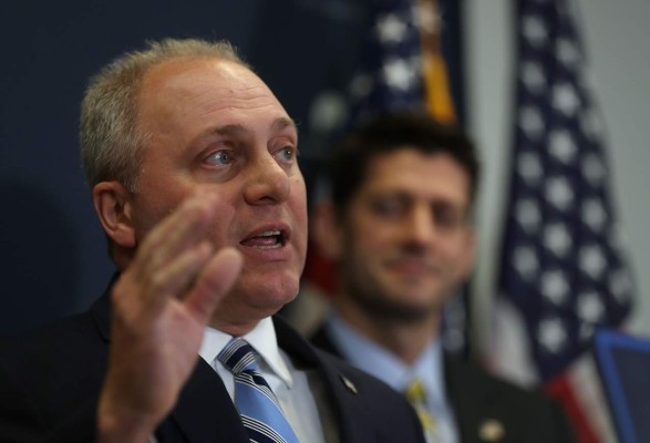 (FILES) This file photo taken on March 14, 2017 shows House Majority Whip Steve Scalise (R-LA) speaking as House Speaker Paul Ryan (R-WI) looks on during a news conference at the US Capitol in Washington, DC. Senior Republican Congressman Steve Scalise was among several victims shot and wounded at a baseball practice ahead of an annual game between lawmakers in a Washington suburb, one of his colleagues said June 14, 2017.Fellow Republican lawmaker Mo Brooks told CNN that Scalise was shot in the hip, adding that at least two law enforcement officers and one congressional staffer were shot in Alexandria, Virginia. / AFP PHOTO / GETTY IMAGES NORTH AMERICA / JUSTIN SULLIVAN