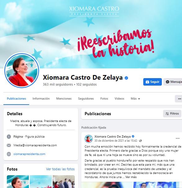 La página de Facebook de Xiomara Castro.