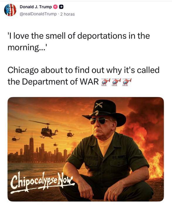 Trump publicó en Truth Social una imagen que hacía referencia a la película 'Apocalypse Now'.