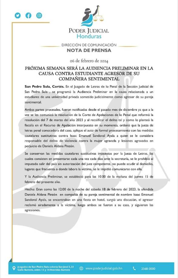 El Ministerio Público informó este miércoles que la audiencia inicial en contra Isaac será el jueves 15 de febrero.
