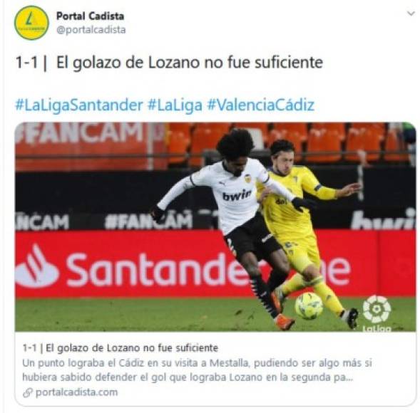 El Portal Cadista señala que el gol del hondureño no fue suficiente para sacar la victoria ante Valencia.
