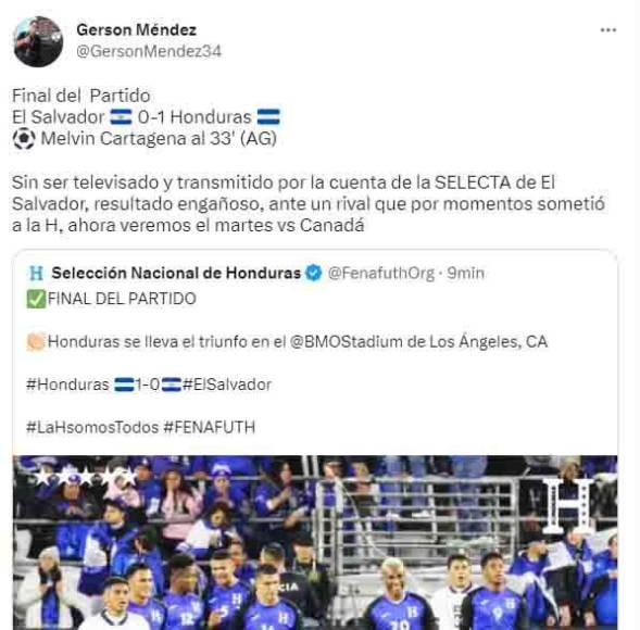 Gerson Méndez de Honduras: “Resultado engañoso, ante un rival que por momentos sometió a la H, ahora veremos el martes vs Canadá.”