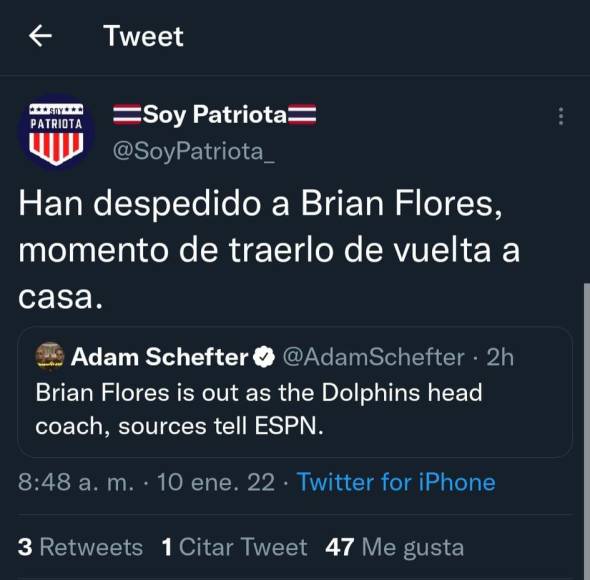 Antes de ser entrenador de los Dolphins, Brian Flores trabajó por muchos años como parte del cuerpo técnico de los New England Patriots y ahora cuentas alusivas a este equipo han señalado que les gustaría volver a tener al catracho.
