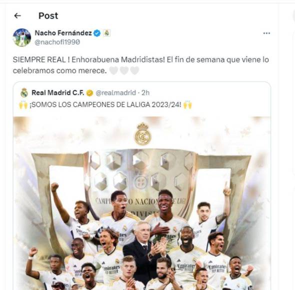 Nacho no seguirá en el Real Madrid ya que jugará la próxima campaña en la MLS. El zaguero ganó su última Liga y dejó su mensaje en sus redes sociales.