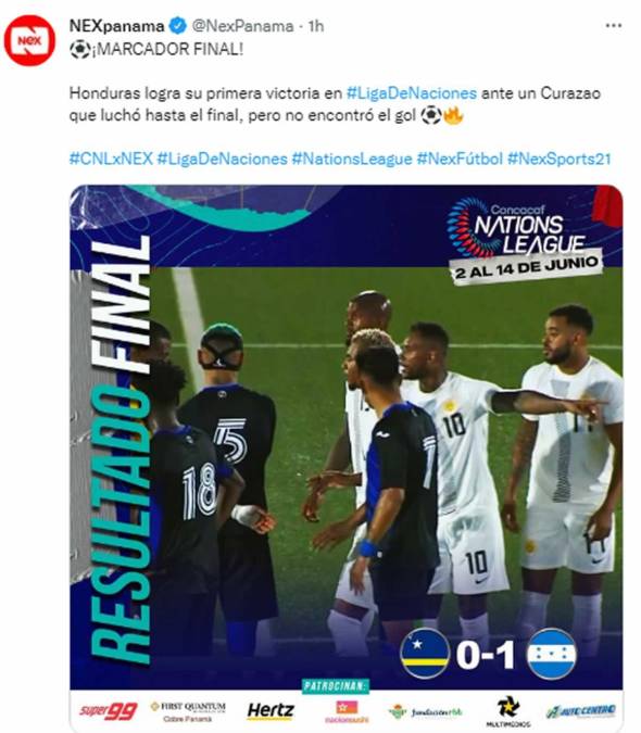 El canal NEX Panamá - “Honduras logra su primera victoria en Liga de Naciones ante un Curazao que luchó hasta el final, pero no encontró el gol”.