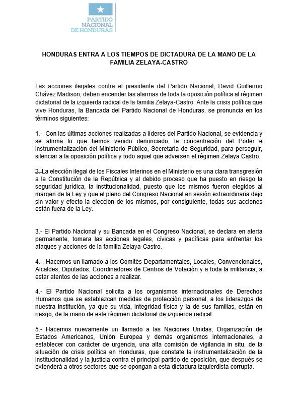 El comunicado que emitió el Partido Nacional.