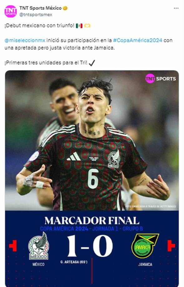 TNT Sports - “¡Debut mexicano con triunfo! México inició su participación en la Copa América 2024 con una apretada pero justa victoria ante Jamaica”.