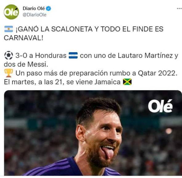 Diario Olé: “Ganó la Scaloneta y todo el finde es carnaval. 3-0 a Honduras con uno de Lautaro Martínez y dos de Messi.”