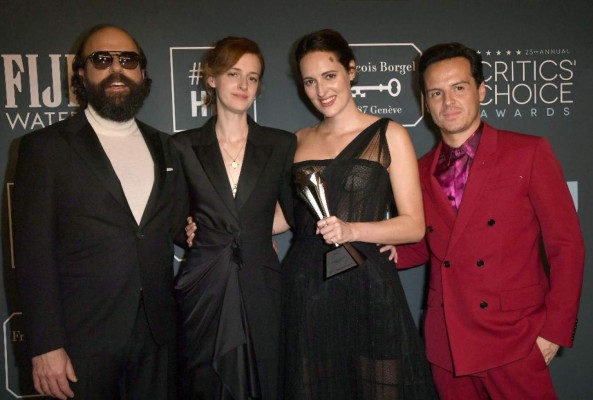 SANTA MONICA, CALIFORNIA - JANUARY 12: Brett Gelman, Isobel Waller-Bridge, Winner of the Best Comedy Series award for 'Fleabag' Phoebe Waller-Bridge and Andrew Scott pose in the press room during the 25th Annual Critics' Choice Awards at Barker Hangar on January 12, 2020 in Santa Monica, California. Frazer Harrison/Getty Images/AFP