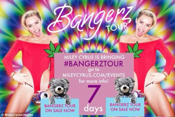 Miley Cyrus posa con enorme hotdog y promociona su gira