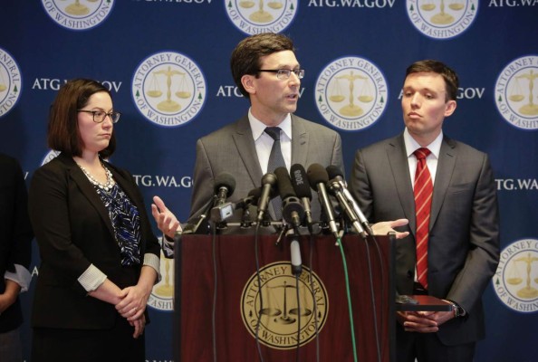 Washington State Attorney General Bob Ferguson gives a press conference saying he will ask a federal judge to block US President Donald Trump's revised travel ban by affirming an order blocking the first ban, in Seattle, Washington on March 9, 2017. / AFP PHOTO / Jason Redmond