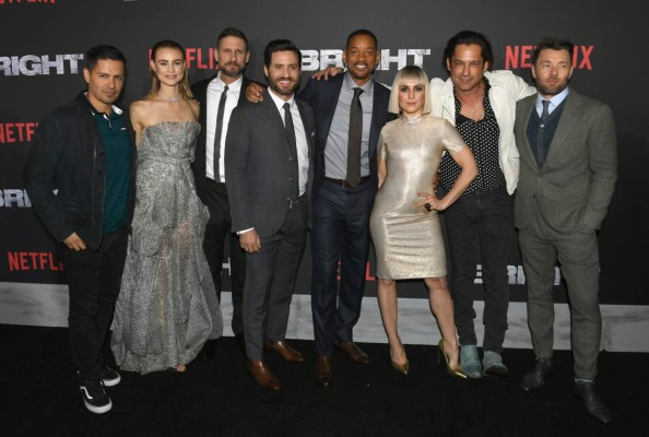 WESTWOOD, CA - DECEMBER 13: (L-R) Jay Hernandez, Lucy Fry, David Ayer, Edgar Ramirez, Will Smith, Noomi Rapace, Enrique Murciano and Joel Edgerton attend the Premiere Of Netflix's 'Bright' at Regency Village Theatre on December 13, 2017 in Westwood, California. Kevin Winter/Getty Images/AFP