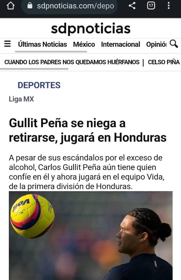 El periódico digital de México SDP Noticias: “Gullit” Peña se nueva a retirarse, jugará en Honduras”.