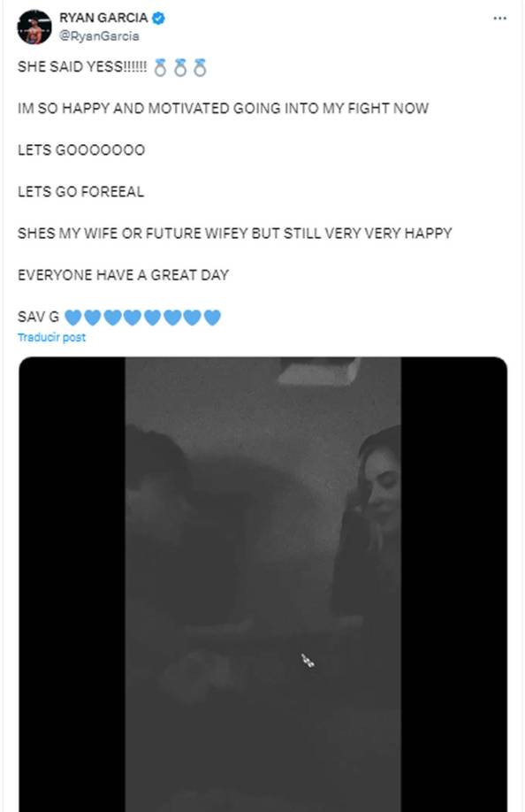 “¡Ella dijo que sí! Estoy muy feliz y motivado de entrar a mi pelea ahora. ¡Vamos! Es mi esposa o futura esposa, pero estoy muy feliz”, escribió Ryan junto al video de la pedida de matrimonio a Savannah Bond.