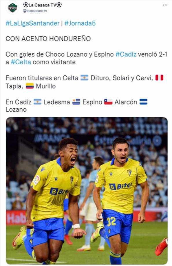 La Casaca TV - ‘Con acento hondureño. Con goles de Choco Lozano y Espino, Cádiz venció 2-1 a Celta como visitante’.