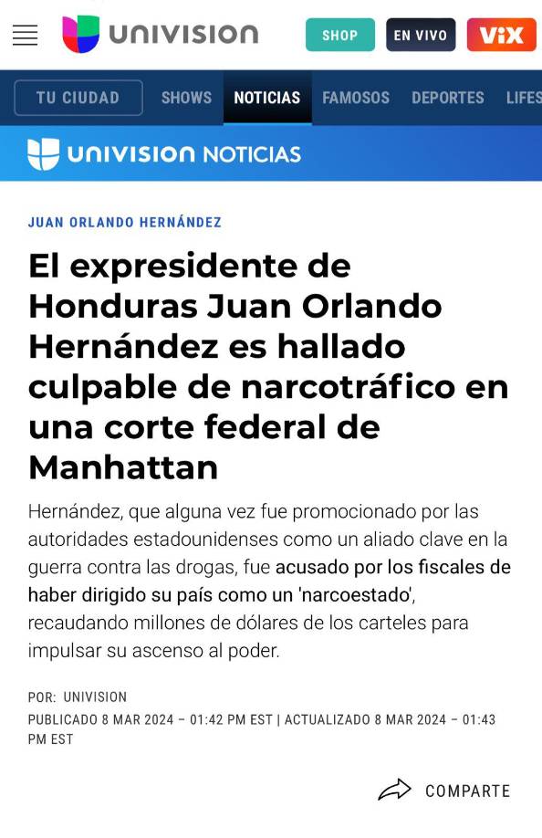 Univision informa: El expresidente de Honduras Juan Orlando Hernández es hallado culpable de narcotráfico en una corte federal de Manhattan.
