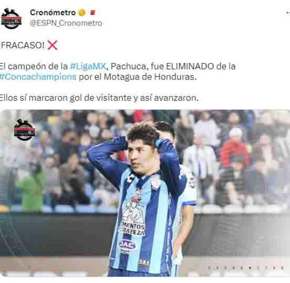 Cronómetro de ESPN: “Fracaso. El campeón de la Liga MX, Pachuca, fue eliminado por el Motagua de Honduras.”
