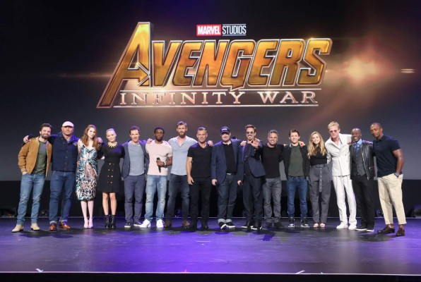 ANAHEIM, CA - JULY 15: (L-R) Actors Sebastian Stan, Dave Bautista, Karen Gillan, Pom Klementieff, Benedict Cumberbatch, Chadwick Boseman, Josh Brolin, and Chris Hemsworth, producer Kevin Feige, and actors Robert Downey Jr., Mark Ruffalo, Tom Holland, Elizabeth Olsen, Paul Bettany, Don Cheadle, and Anthony Mackie of AVENGERS: INFINITY WAR took part today in the Walt Disney Studios live action presentation at Disney's D23 EXPO 2017 in Anaheim, Calif. AVENGERS: INFINITY WAR will be released in U.S. theaters on May 4, 2018. Jesse Grant/Getty Images for Disney/AFP