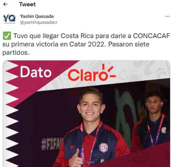 Yashin Quesada: “Tuvo que llegar Costa Rica para darle a Concacaf su primera victoria en Qatar 2022. Pasaron siete partidos.”