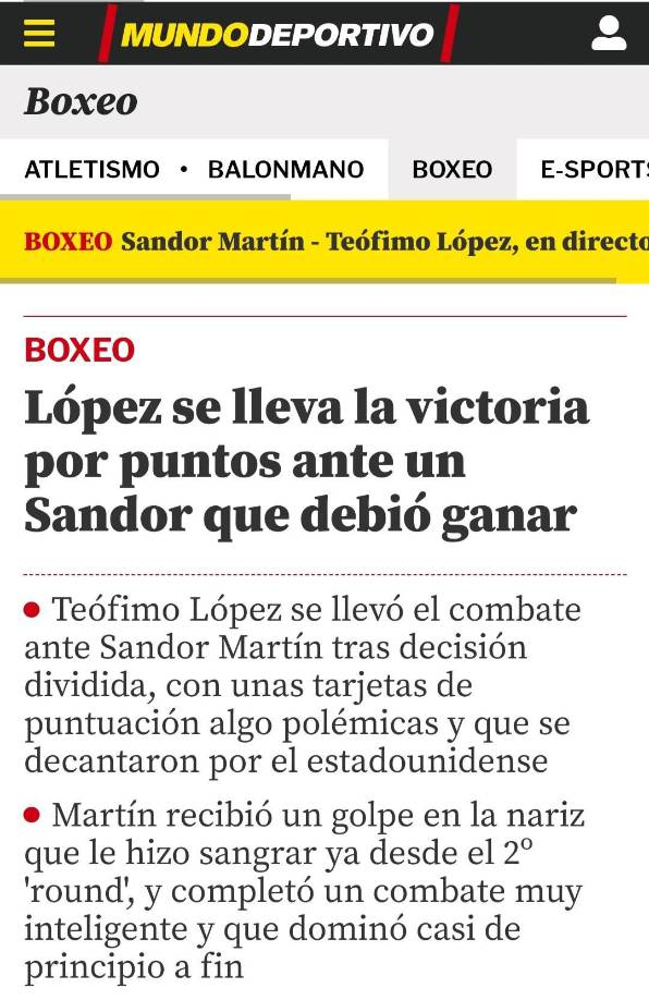 Mundo Deportivo: “López se lleva la victoria por puntos ante un Sandor que debió ganar”.