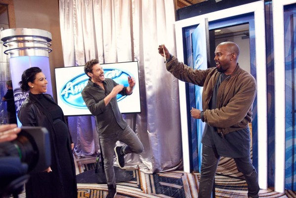 AMERICAN IDOL: Kanye West surprises the Judges and Ryan Seacrest on American Idol by auditioning in San Francisco. Pictured: Kim Kardashian (L), Ryan Seacrest (C) and Kanye West (R) on the set of AMERICAN IDOL. AMERICAN IDOL PREMIERES IN January on FOX. (Photo by FOX via Getty Images)
