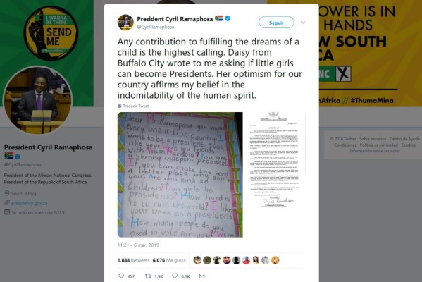'Quiero ser presidenta', la carta de una niña que conmueve a Sudáfrica