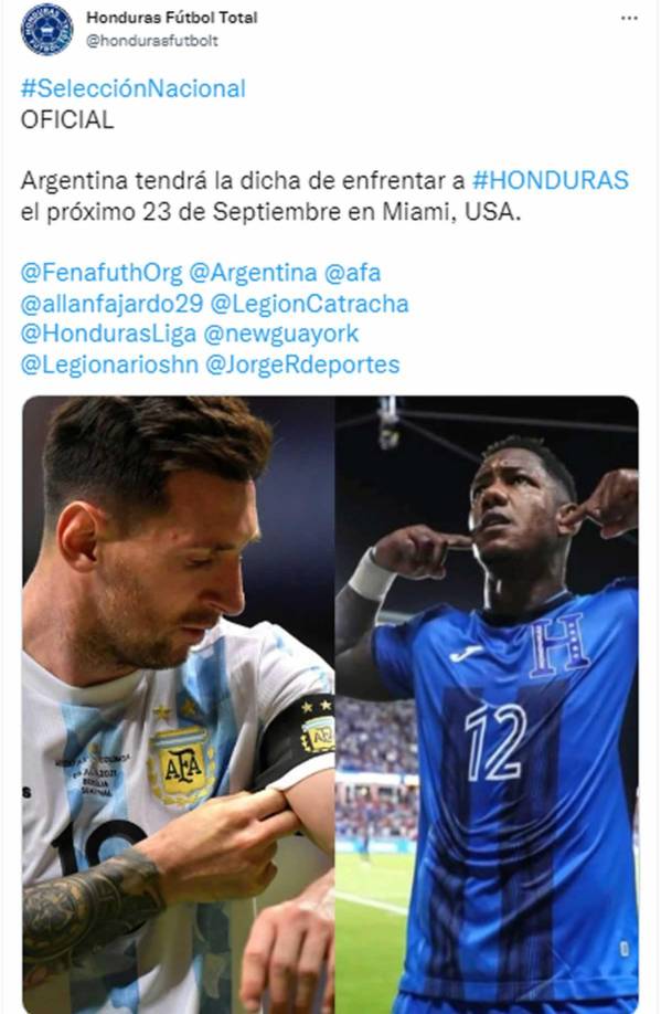 Honduras Fútbol Total - “Argentina tendrá la dicha de enfrentar a Honduras el próximo 23 de Septiembre en Miami, USA”.