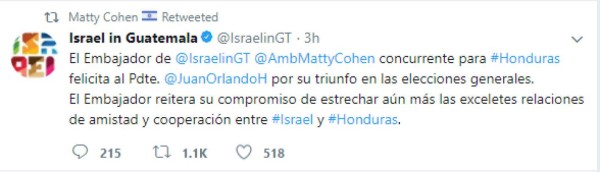 Gobierno de Israel felicita a JOH por su nuevo mandato