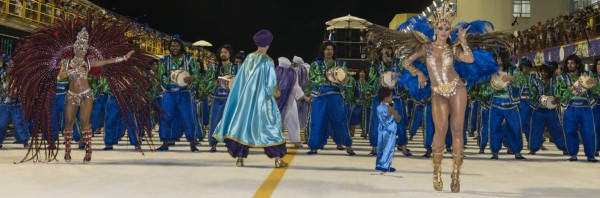Florianópolis, Brazil - February 07, 2016: Members from a local samba school called 'Unidos da Coloninha' dazzling the audience with the magic of samba at the sambadrome for the 2016 Carnaval Parade in Florianópolis, Santa Catarina State - Brazil
