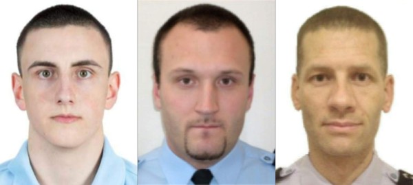 (COMBO) This combination of handout pictures released by the French Gendarmerie Nationale on December 23, 2020 shows (from L) Brigadier Arno Mavel, Adjudant Remi Dupuis, and Lieutenant Cyrille Morel, three Gendarmes officers killed in central France on December 23, 2020 by a gunman they confronted in response to a domestic violence call, the deadliest attack in years on French law enforcement outside of terrorism incidents. - The suspect, a 48-year-old man known to authorities for child custody disputes, was 'discovered dead' several hours after fleeing the home in an isolated hamlet near Saint-Just, a village of some 160 people south of the city of Clermont-Ferrand. (Photos by Handout / GENDARMERIE NATIONALE / AFP) / RESTRICTED TO EDITORIAL USE - MANDATORY CREDIT 'AFP PHOTO / GENDARMERIE NATIONALE' - NO MARKETING - NO ADVERTISING CAMPAIGNS - DISTRIBUTED AS A SERVICE TO CLIENTS