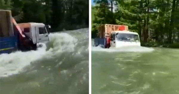 Video viral: chófer de camión desafía a la muerte al conducir sobre un río