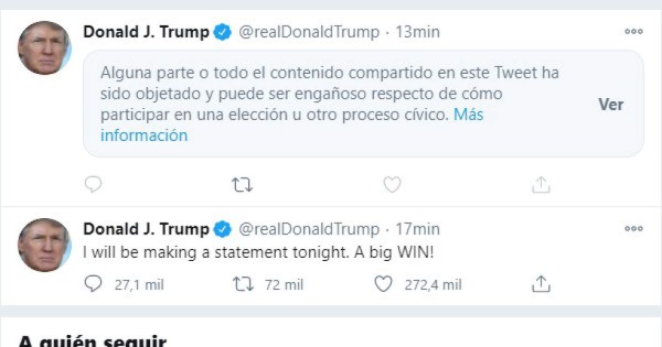 Trump dice que le están tratando de robar la elección