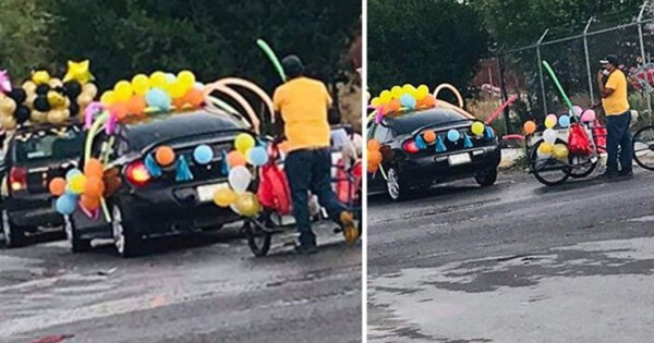 Gesto viral: padre adorna triciclo con globos para celebrar la graduación de su hijo