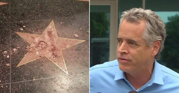 Video: Hombre vestido de Hulk vandaliza otra vez la estrella de Trump en Hollywood