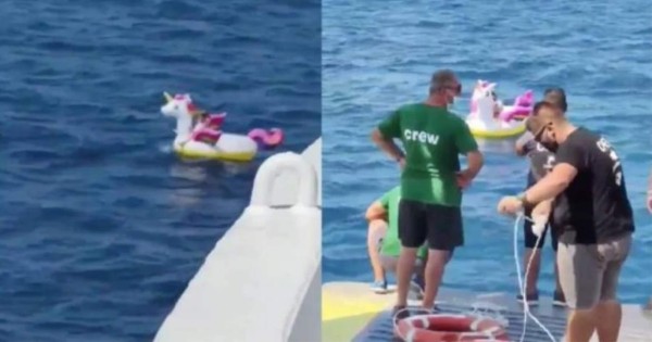 Video viral: rescatan a una niña en un flotador de unicornio en alta mar