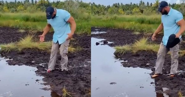 Video viral: Hombre trata de cruzar un pequeño charco y pasa terrible vergüenza