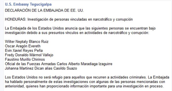 EUA investiga a siete hondureños por narcotráfico y corrupción