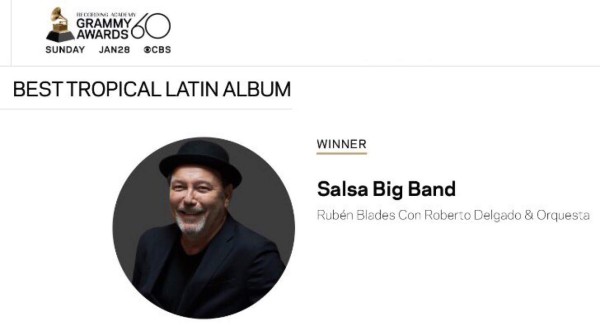 Rubén Blades triunfa en Grammys como mejor álbum tropical latino