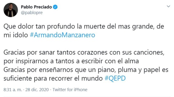 Famosos lloran la muerte del gran maestro Armando Manzanero