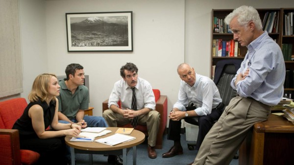 Rachel McAdams, Mark Ruffalo, Brian d'Arcy James, Michael Keaton and John Slattery play <em>Boston Globe</em> journalists in the film,<em> Spotlight</em>.