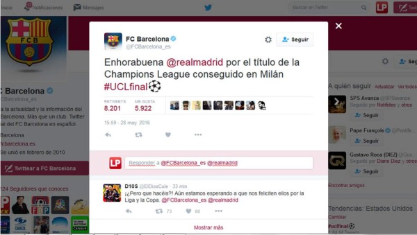 El mensaje de felicitación del Barcelona al Real Madrid