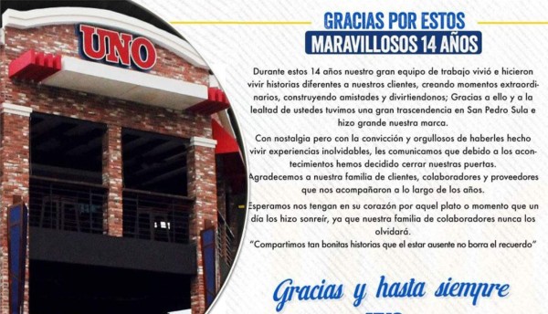 Restaurante Uno Chicago Grill cierra tras 14 años en San Pedro Sula
