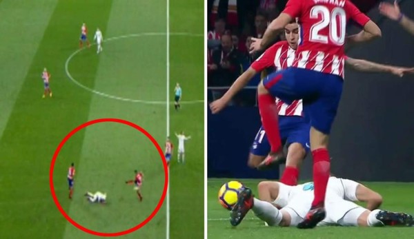 El tremendo balonazo de Ángel Correa a Benzema que estaba en el suelo